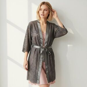 SOMA Midnight Black Lace Robe Women Small Medium Satin Tie Front Midi Glam Pinup